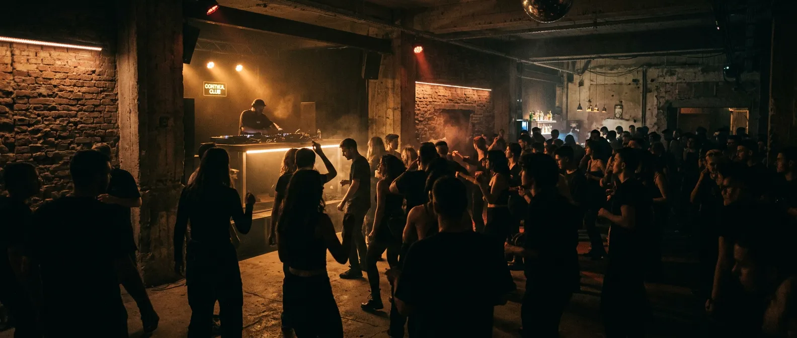 Dark underground techno club in Bucharest with dancers and warm amber lighting