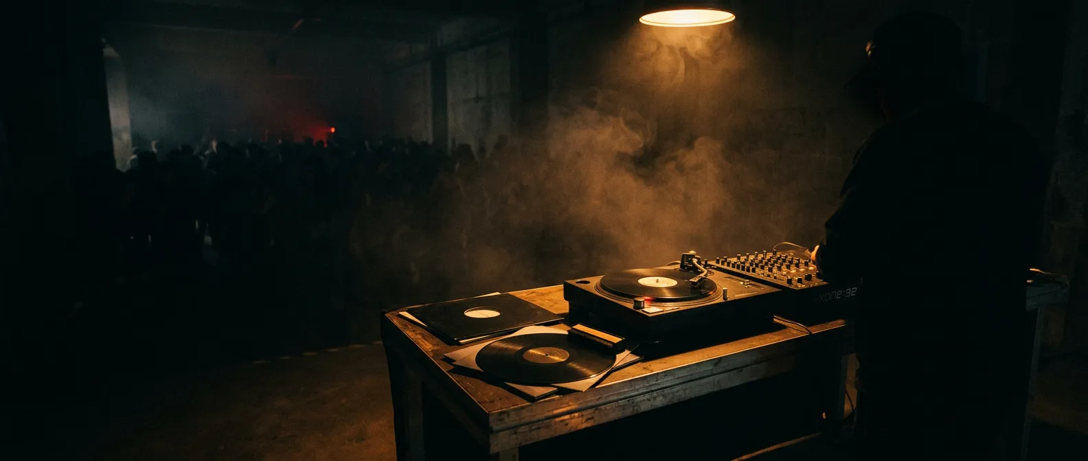 Turntables and vinyl under a single warm light in a dark minimal techno venue