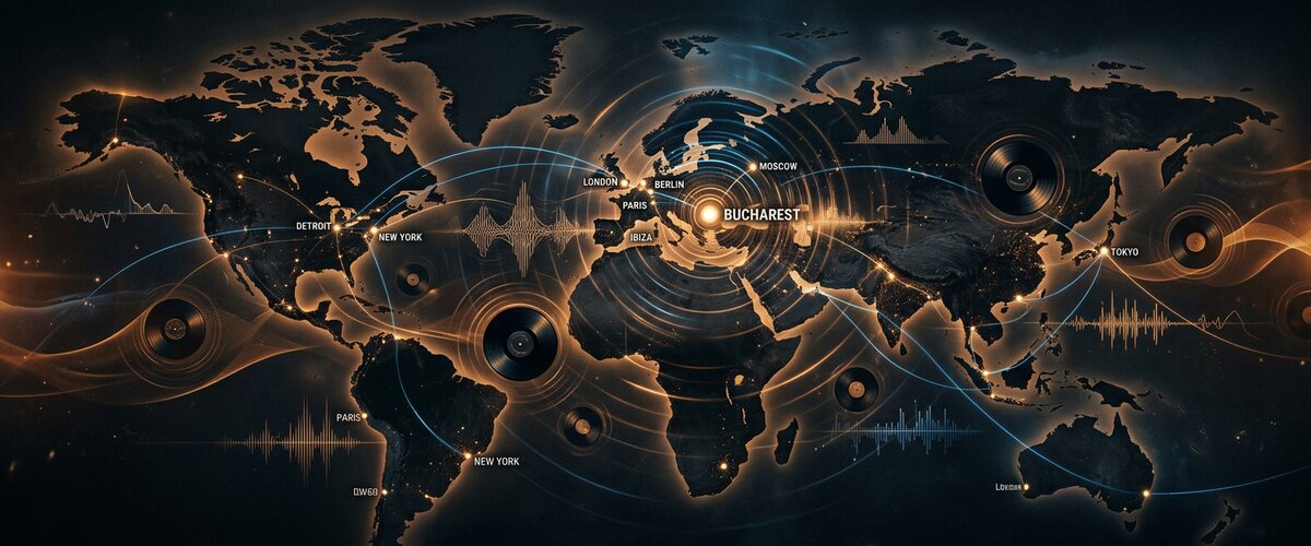 How rominimal spread from Bucharest to the world — vinyl records and sound waves across a dark world map