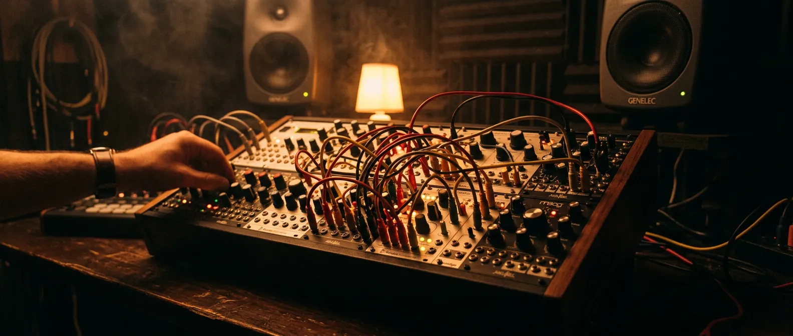 Modular synthesizer with patch cables in a dimly lit studio for microhouse music production
