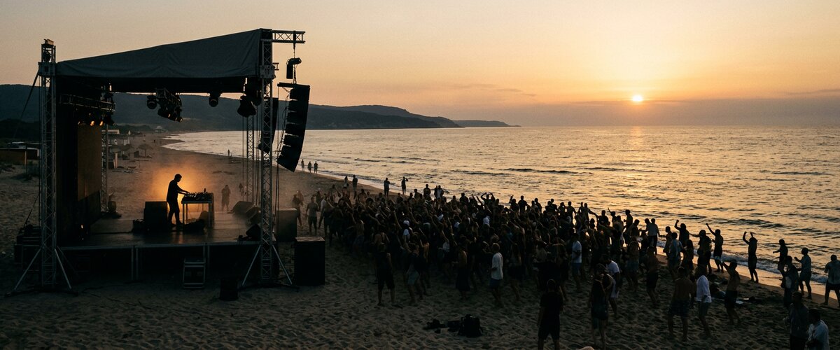 Sunwaves festival at sunset — open-air beachside stage on the Black Sea coast